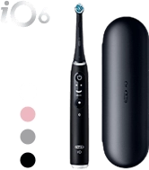 Czarna szczoteczka Oral-B iO 6 i etui, obok kółka z 4 kolorami: białym, różowym, szarym i czarnym.