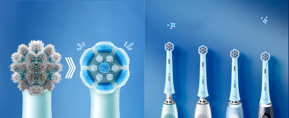 Wizualizacja dwóch obrazów, z których jeden po lewej stronie pokazuje przejście od zużytych do nowych końcówek szczoteczek. Po prawej stronie są cztery końcówki na rączkach szczoteczek.