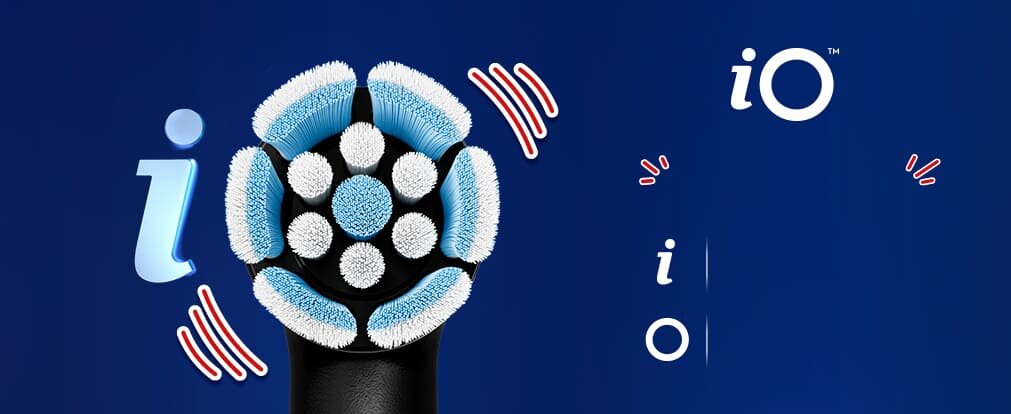 Gra słów z 'iO' pokazująca literę I i używająca główki szczoteczki jako litery O, natomiast fale przedstawiają wibracje.