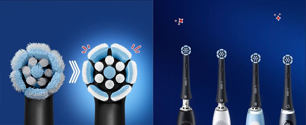 Wizualizacja dwóch obrazów, z których jeden po lewej stronie pokazuje przejście od zużytych do nowych końcówek szczoteczek. Po prawej stronie są cztery końcówki na rączkach szczoteczek.