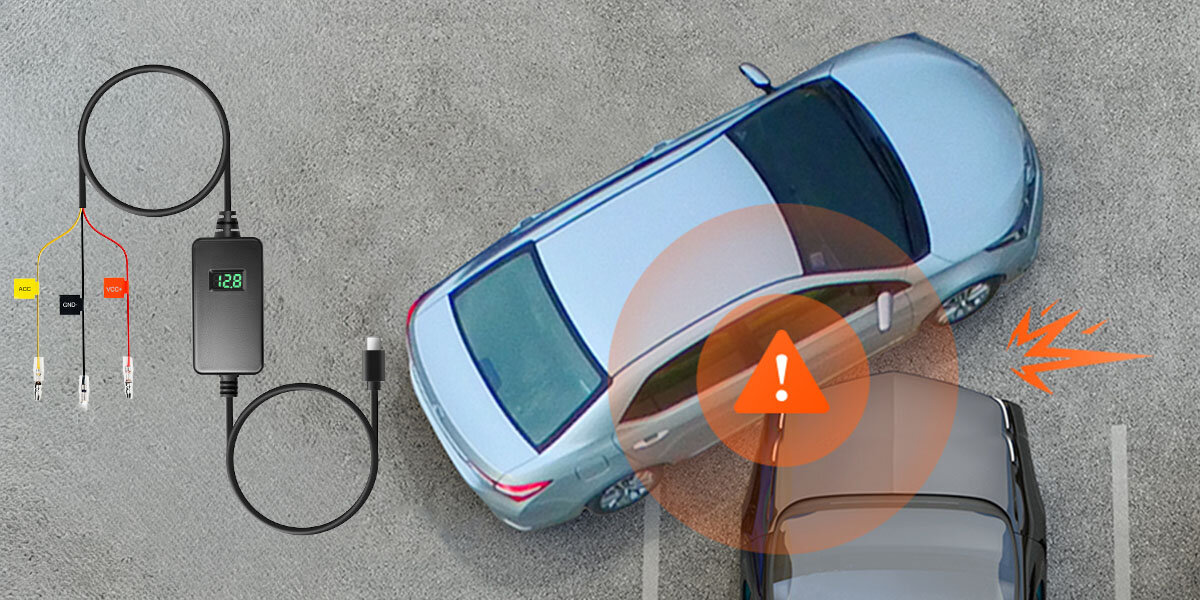 Adapter samochodowy 70MAI Hardwire Kit UP06 z monitoringiem parkingowym i zasilaniem 5V 2,4A, samochód stojący na parkingu uderzany przez drugi samochód, adapter samochodowy od frontu