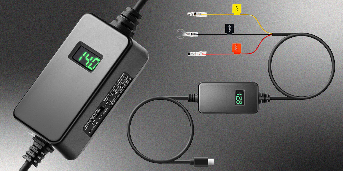 Adapter samochodowy 70MAI Hardwire Kit UP06 z wyświetlaczem napięcia akumulatora i monitoringiem instalacji, adapter po skosie, adapter od frontu z kablami