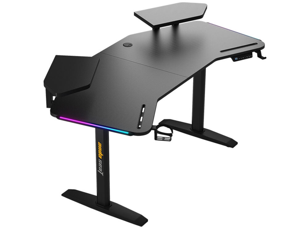 Biurko gamingowe ANDA SEAT Shadow Warrior Czarny prezentacja biurka od przodu pod kątem na białym tle elektryczna regulacja wysokości ergonomiczna konstrukcja wsparcie wygody