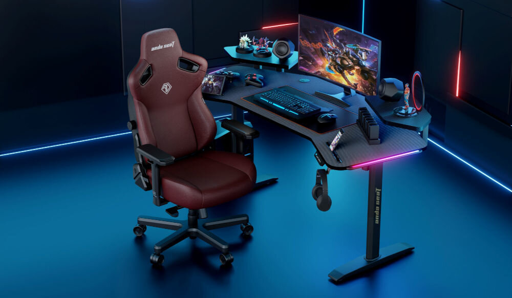 Biurko gamingowe ANDA SEAT Shadow Warrior Czarny prezentacja biurka w pokoju gamingowym sprzęt i akcesoria dla gracza półka telefon tablet szybki dostęp do urządzeń zarządzanie powiadomieniami