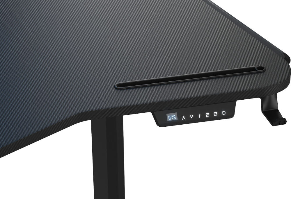 Biurko gamingowe ANDA SEAT Shadow Warrior Czarny zbliżenie na blat biurka na białym tle płyta wiórowa tekstura włókna węglowego łatwe w czyszczeniu ułatwia utrzymanie porządku