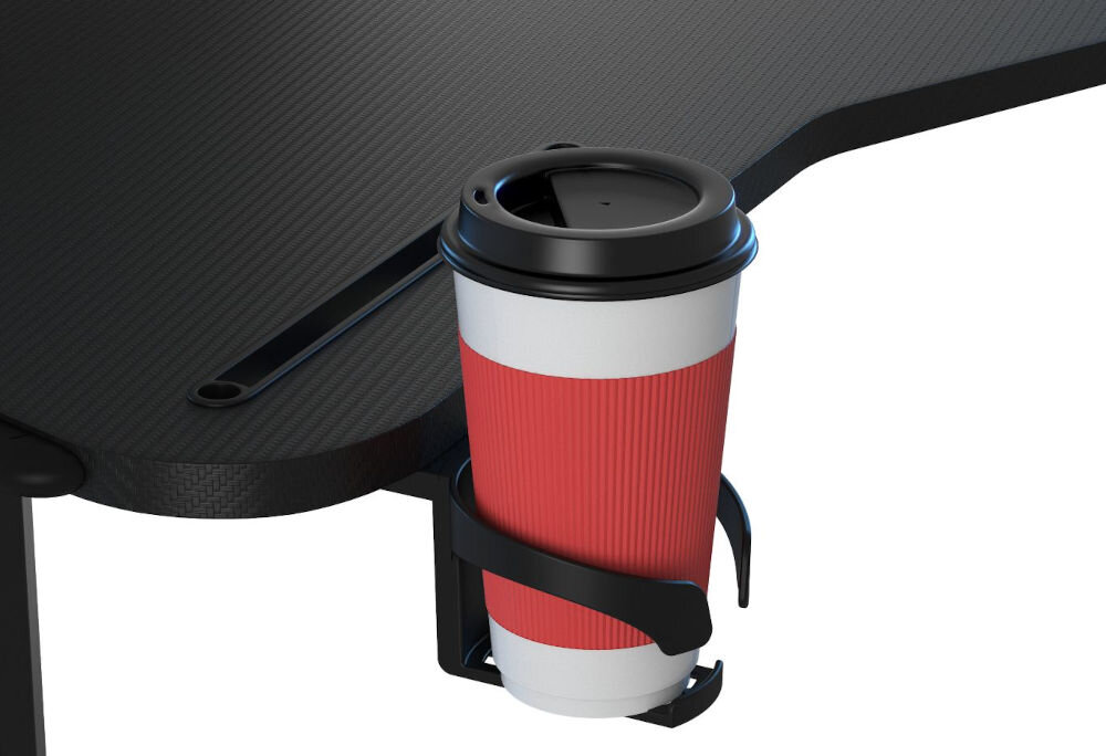 Biurko gamingowe ANDA SEAT Shadow Warrior Czarny zbliżenie na uchwyt na napoje na białym tle wieszak na napoje zwolnienie miejsca na blacie redukcja ryzyka zalania utrzymanie porządku