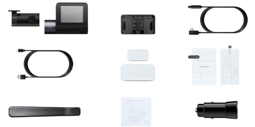 Wideorejestrator 70MAI A410 tylna kamera RC21 zasilacz do gniazda zapalniczki samochodowej 12 V, 2x kabel USB-A na USB-C, naklejki elektrostatyczne oraz dokumentacja - zawartość zestawu