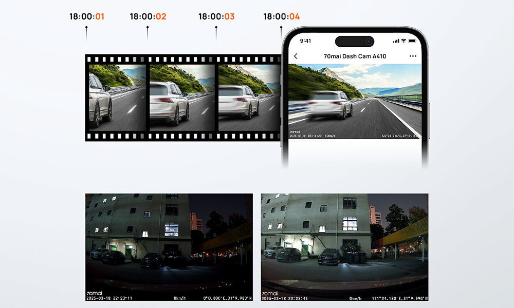 Wideorejestrator 70MAI A410 monitoringu parkingu również podczas postoju czujnik G-Sensor Tryb Time-Lapse trybu parkingowego, moduł 70mai Hardwire Kit UP03 - nagywanie postoju auta
