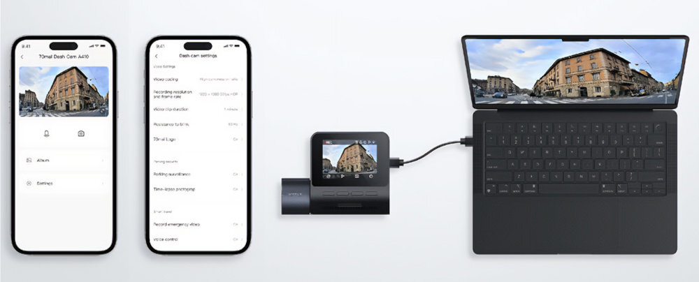 Wideorejestrator 70MAI A410 Aplikacja mobilna zdalny podgląd materiałów, pobieranie wybranych nagrań konfigurację parametrów kamery smartfona wirtualnego pendrive’a komputera - transfer plików z kamery na urządzenia