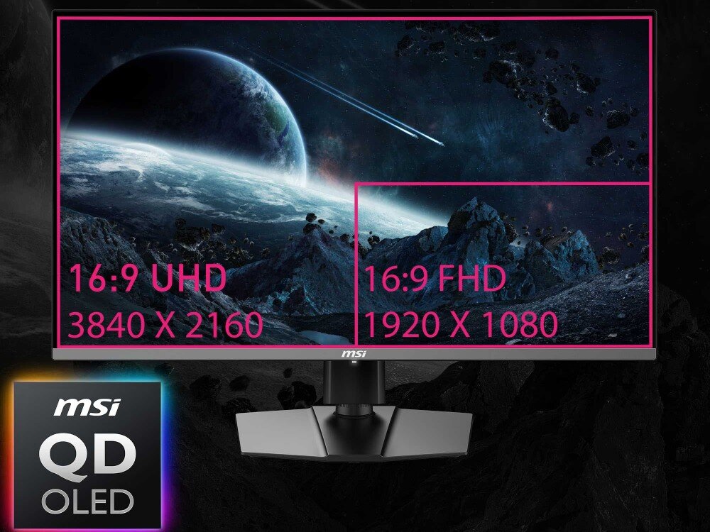 Monitor MSI MPG 272URX Porównanie rozdzielczości ekranów: większy obszar monitora opisany jako 16:9 UHD 3840 x 2160, mniejszy prostokąt wewnątrz jako 16:9 FHD 1920 x 1080, na tle kosmicznego pejzażu, rozdzielczość, przekątna, matryca, kolory, dokładność barw