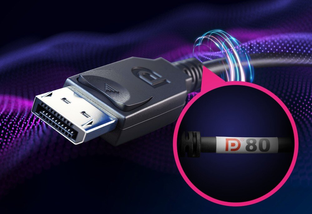 Monitor MSI MPG 272URX Zbliżenie na złącze DisplayPort i kabel z oznaczeniem 'P80' w kółku, umieszczonym w okrągłym powiększeniu na tle kolorowych fal, Złącze DisplayPort 2.1a, przesyłanie obrazu, regulowana podstawa, ergonomia