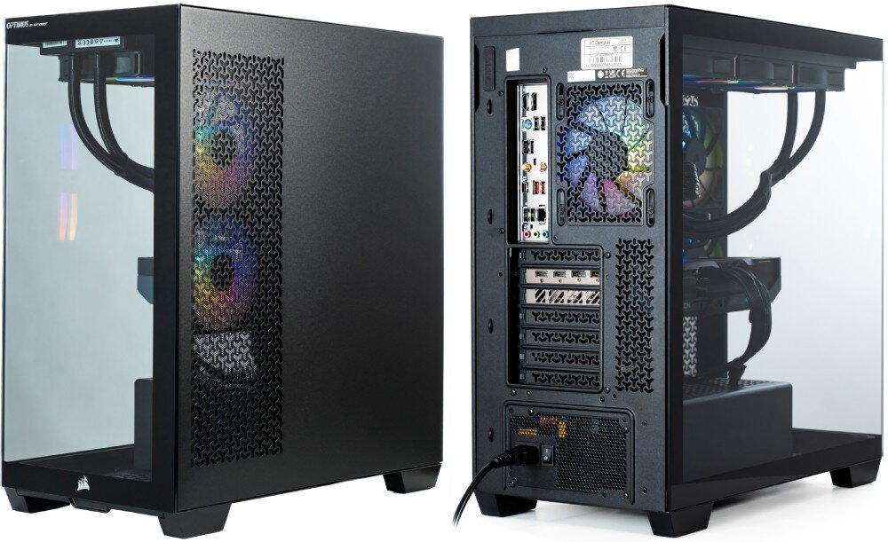Komputer OPTIMUS E-Sport GB650T-CR4 Zestawienie dwóch zdjęć czarnej obudowy komputerowej, lewe pokazuje pełny panel boczny z metalową siatką, prawe prezentuje tył obudowy z widocznymi portami płyty głównej i złączami karty graficznej, obudowa, wygląd, zasilacz