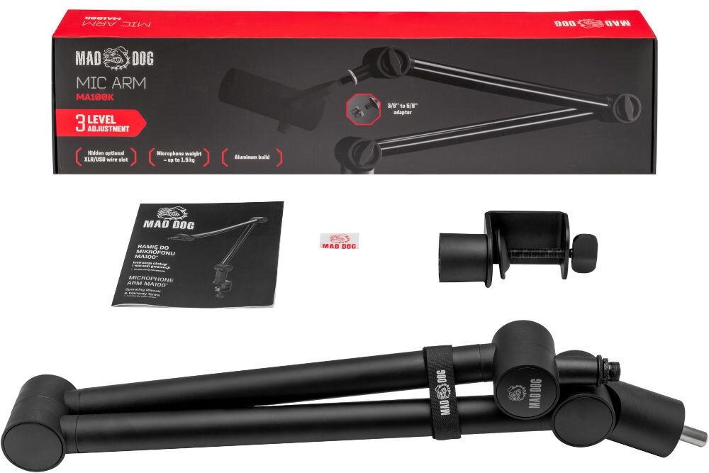 Ramię mikrofonowe MAD DOG MA100 złożone ramię mikrofonu naklejka adapter pudełko