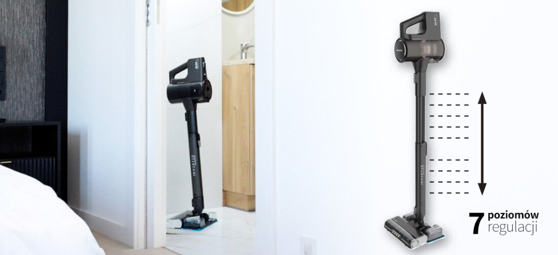 Odkurzacz SHARP SA-VP4261BS Komfort i ergonomia pionowe parkowanie i teleskopowa rura Pionowe parkowanie przechowywanie proste regulowana rura teleskopowa wysokość zakres 7 poziomów dopasowanie długość wzrost