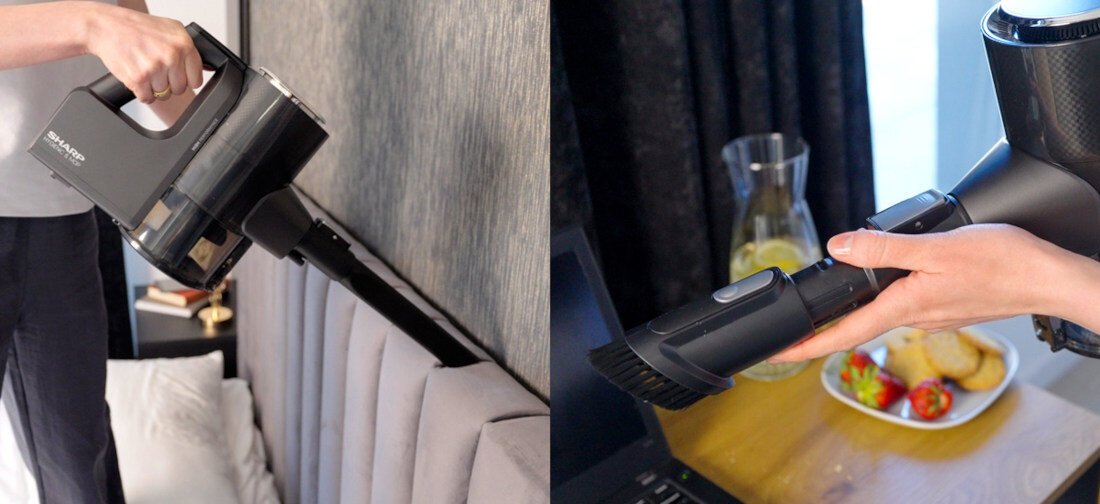 Odkurzacz SHARP SA-VP4261BS zawsze pod ręką  wąska ssawka szczelinowa XL ssawka 2 w 1 uchwyt ścienny do przechowywania porządek