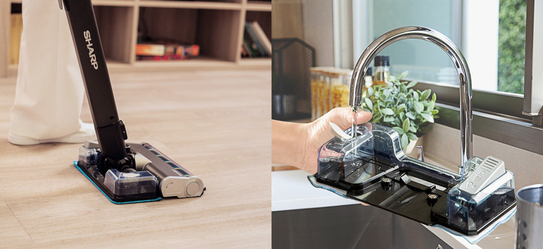 Odkurzacz SHARP SA-VP5551GS Odkurzanie i mopowanie Funkcja mopowania kurz i zabrudzenia Łatwy montaż nakładki mopującej zwykłej wody lub ulubionego płynu* bez smug i plam