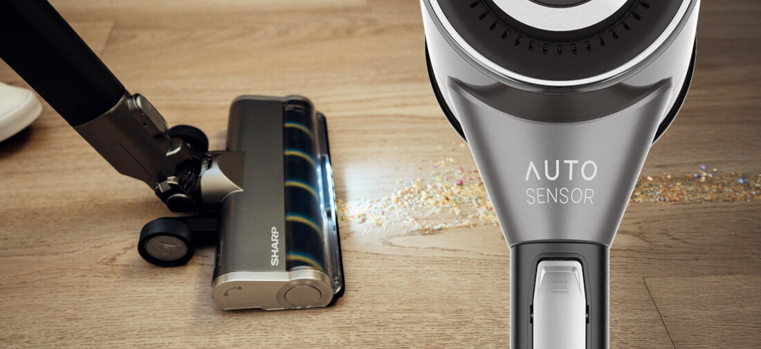 Odkurzacz SHARP SA-VP5551GS  sprzątanie z głową czujnik poziomu zabrudzeń Wbudowany czujnik kurzu dopasowuje moc ssania do poziomu zabrudzeń