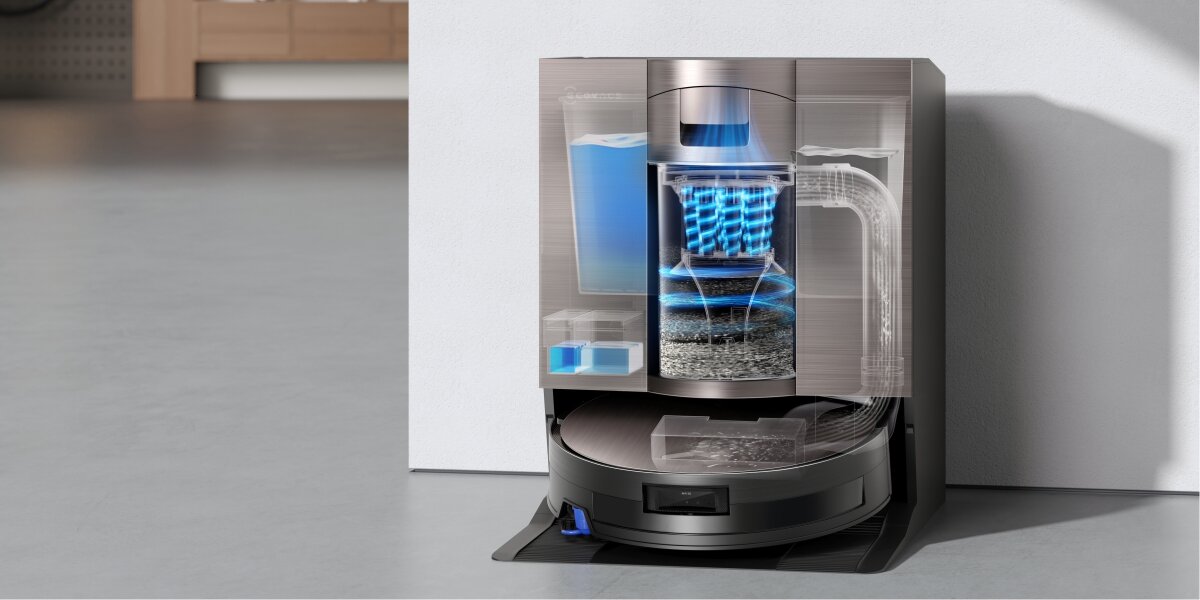 Robot sprzątający ECOVACS Deebot X11 OmniCyclone Czarny Rewolucja w opróżnianiu kurzu - wizualizacja opróżniania robota do stacji dokującej