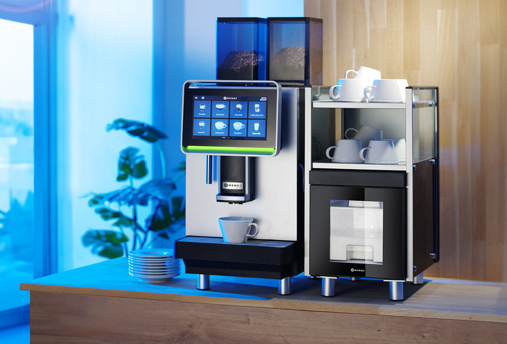 Chłodziarka do mleka HENDI 209080 Czarno-biały wygląd design tło wizualizacja duet do serwowania kawy