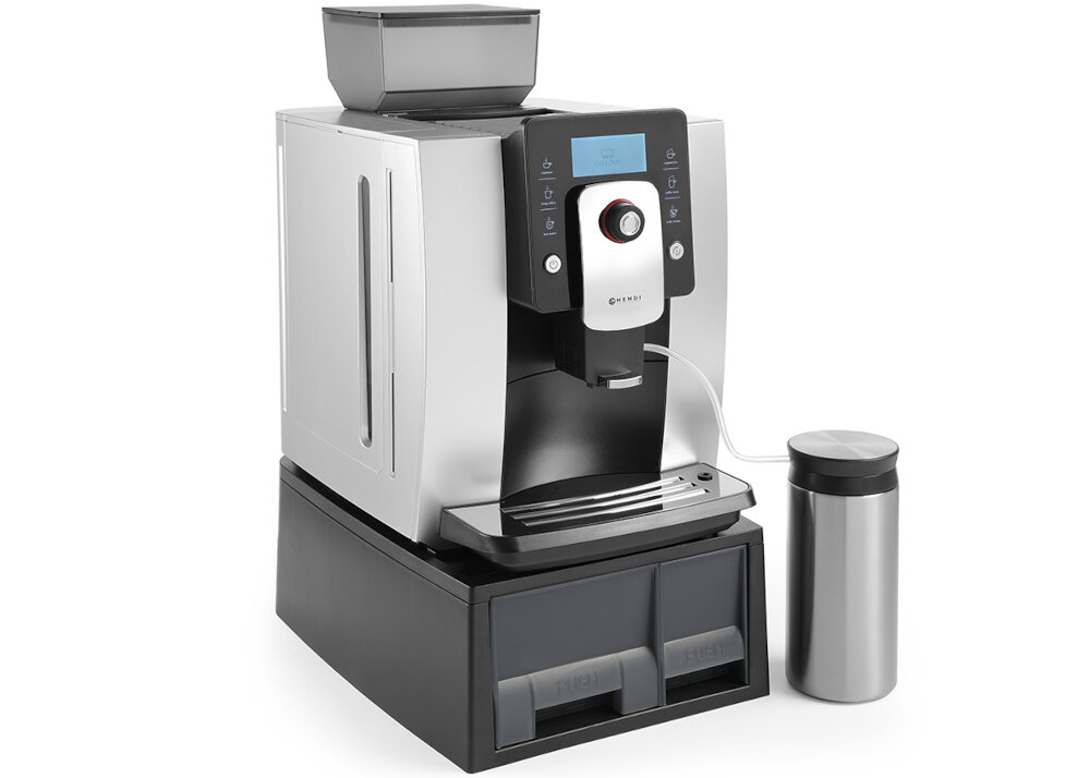Ekspres HENDI Profi Line 208953 Profesjonalny Kontrola smaku i intensywności Wbudowany stalowy młynek z regulacją stopnia mielenia  dopasowanie oczekiwania  Regulowana ilość kawy w porcji Możliwość użycia kawy mielonej