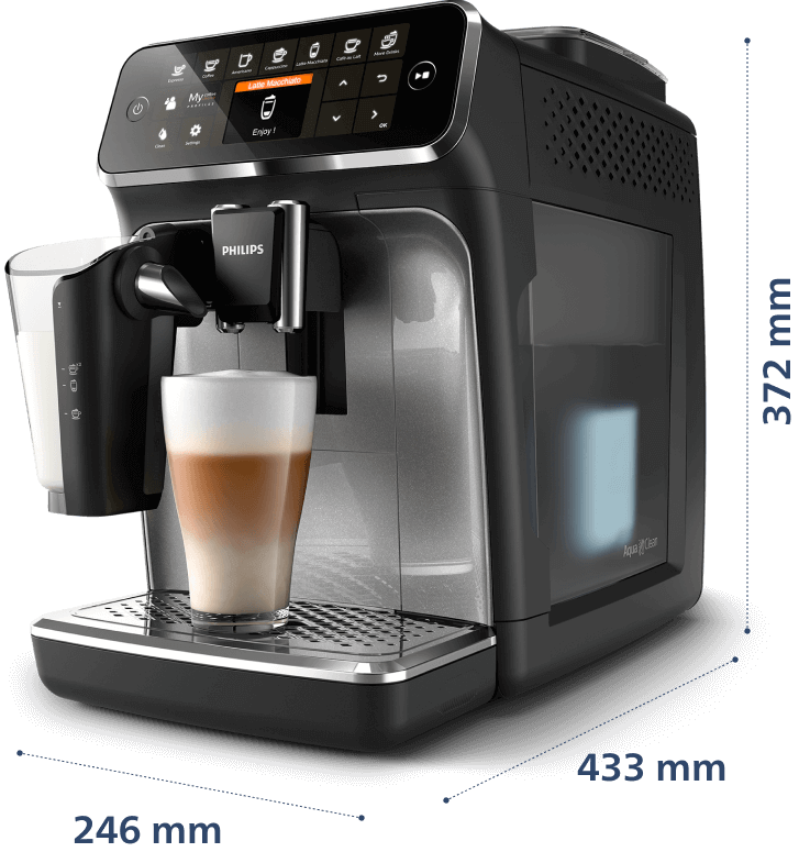 Wymiary ekspresu Philips to szerokość 246, głębokość 433 i wysokość 372 milimetrów.
