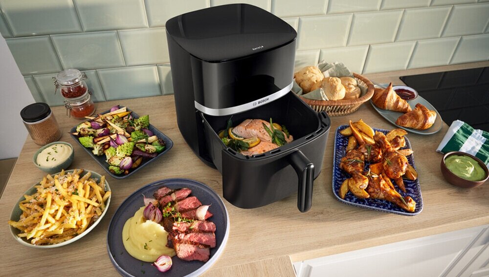 Air Fryer Frytkownica beztłuszczowa BOSCH Serie 4 MAF462B1 chrupiące dania z minimalną ilością tłuszczu, redukcja ilości tłuszczu, lekko i zdrowo, smaczne potrawy, bez smażenia na głębokim tłuszczu