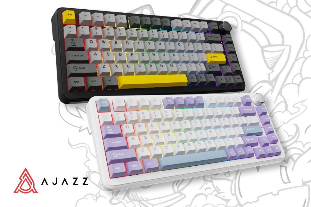 Klawiatura AJAZZ AK820 Max Dwie klawiatury komputerowe Ajazz obok siebie, czarno-żółta u góry i biało-fioletowa na dole, z kolorowym podświetleniem klawiszy na jasnym tle z grafiką, opis