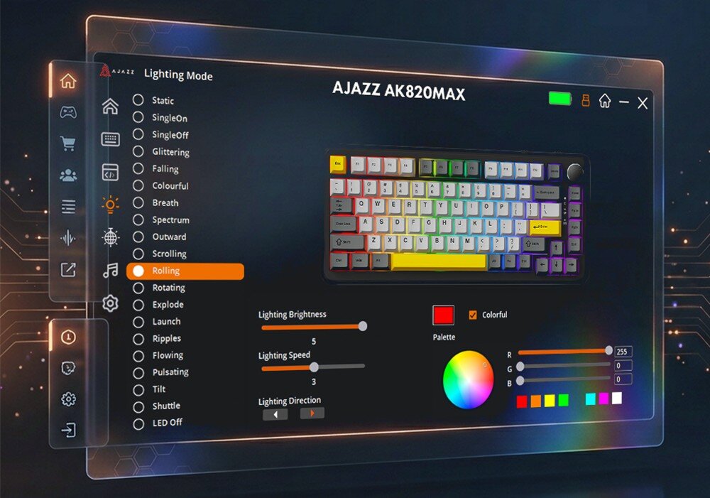 Klawiatura AJAZZ AK820 Max Zrzut ekranu programu komputerowego o nazwie 'AJAZZ AK820MAX' do zmiany podświetlenia klawiatury, z widoczną listą efektów świetlnych i paletą kolorów, aplikacja, funkcje, narzędzia