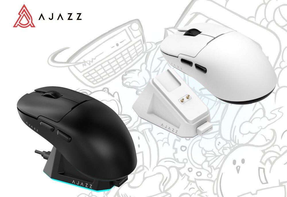 Obraz przedstawia dwie myszki komputerowe, jedną czarną i jedną białą, oraz stację dokującą z logo AJAZZ. W tle widoczna jest grafika z różnymi rysunkami i logo AJAZZ w lewym górnym rogu.