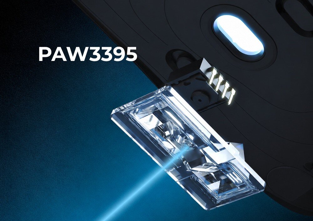 Mysz AJAZZ AJ159 Pro Zbliżenie na spód obudowy z widocznym przezroczystym elementem sensora optycznego emitującym błękitne światło oraz napis 'PAW3395', próbkowanie, sensor, dokładność