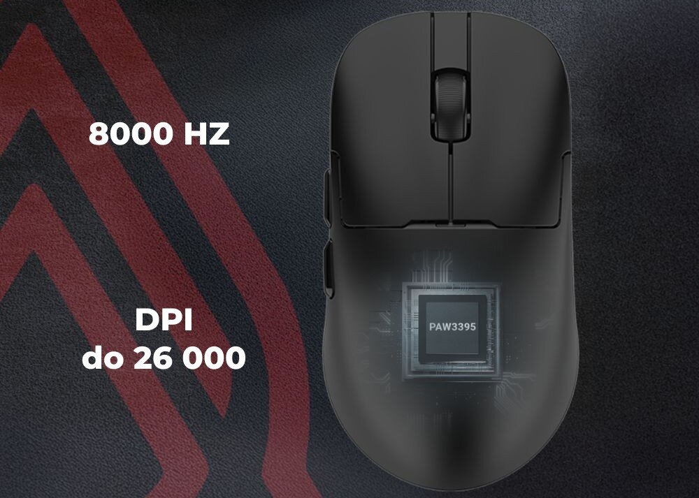 Mysz AJAZZ AJ159 Pro Mysz widziana z góry na ciemnym tle, z grafiką przedstawiającą wewnętrzny procesor 'PAW3395' oraz napisami '8000 HZ' i 'DPI do 26 000', sensor, rozdzielczość, czułość