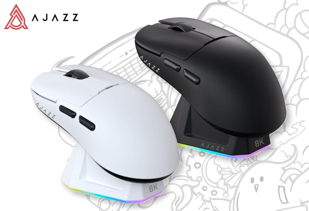Mysz AJAZZ AJ159 Pro Dwie komputerowe myszy, biała i czarna, umieszczone na dedykowanych stacjach dokujących z podświetleniem RGB, w tle widoczny logotyp oraz szkic graficzny, opis