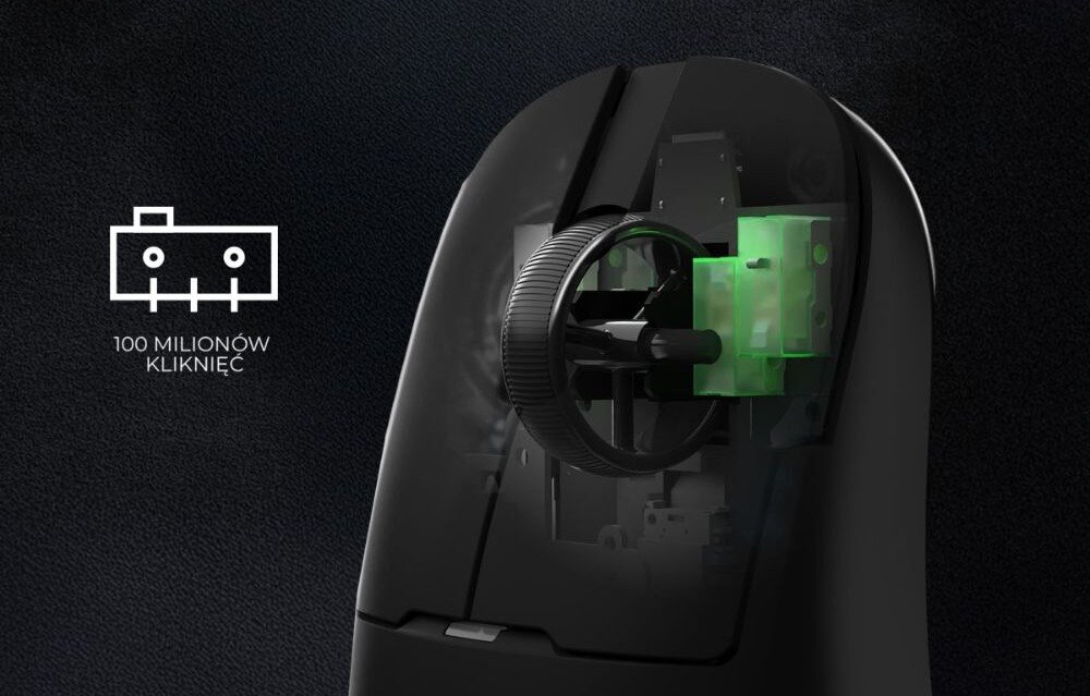 Mysz AJAZZ AJ159 Pro Przekrój przedniej części obudowy ukazujący wewnętrzny mechanizm rolki przewijania oraz zielone przełączniki, przełączniki, żywotność