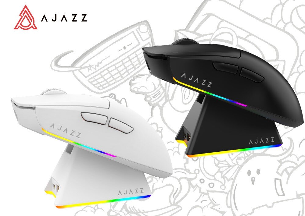 Mysz AJAZZ AJ139 V2 MC Czarna i biała mysz komputerowa z podświetleniem RGB umieszczone na dopasowanych stacjach dokujących na tle szarych grafik rysunkowych, opis