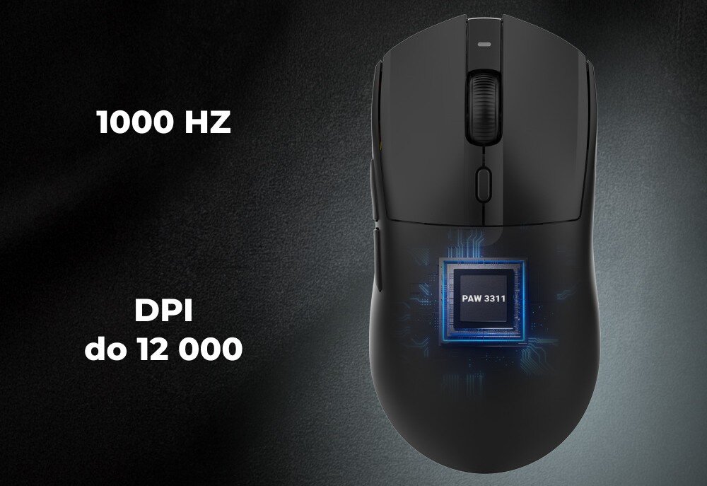 Mysz AJAZZ AJ139 V2 MC Czarna mysz komputerowa widoczna od góry z grafiką mikroprocesora wewnątrz obudowy oraz napisami 1000 HZ i DPI do 12 000 po lewej stronie, rozdzielczość, czułość, próbkowanie