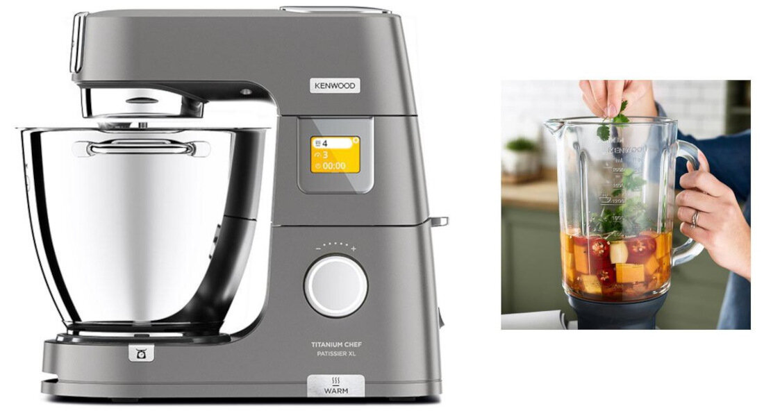 Robot kuchenny planetarny KENWOOD KWL90.594.SI Titanium Chef Patissier XL 1400W z wagą, blenderem kielichowym i maszynką do mięsa blender szklany pojemność 4-strefowe ostrza stal nierdzewna szkło ThermoResist™
