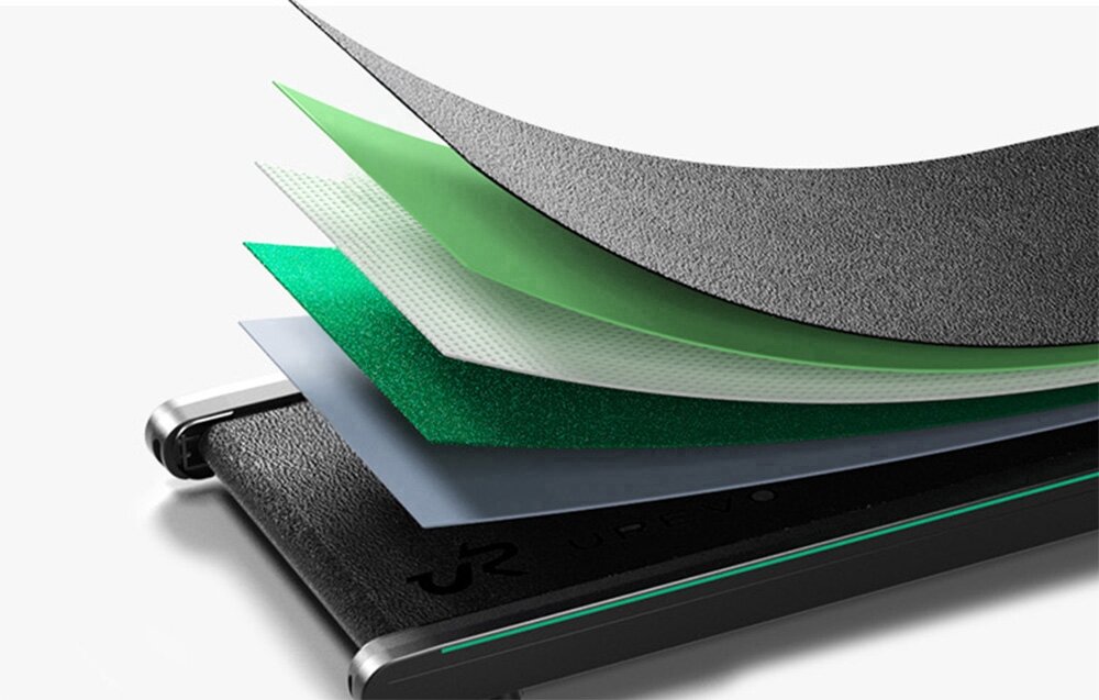 Bieżnia elektryczna UREVO Spacewalk E4 550W 6 km-h jasne tło pas biegowy pokazane warstwy pięciowarstwowy pas biegowy o wymiarach 38 x 102 cm antypoślizgowe wykończenie wysoka wytrzymałość amortyzacja system HiveTech™ 8 punktów amortyzacji silikonowe poduszki elastyczne materiały minimalizują obciążenie stawów