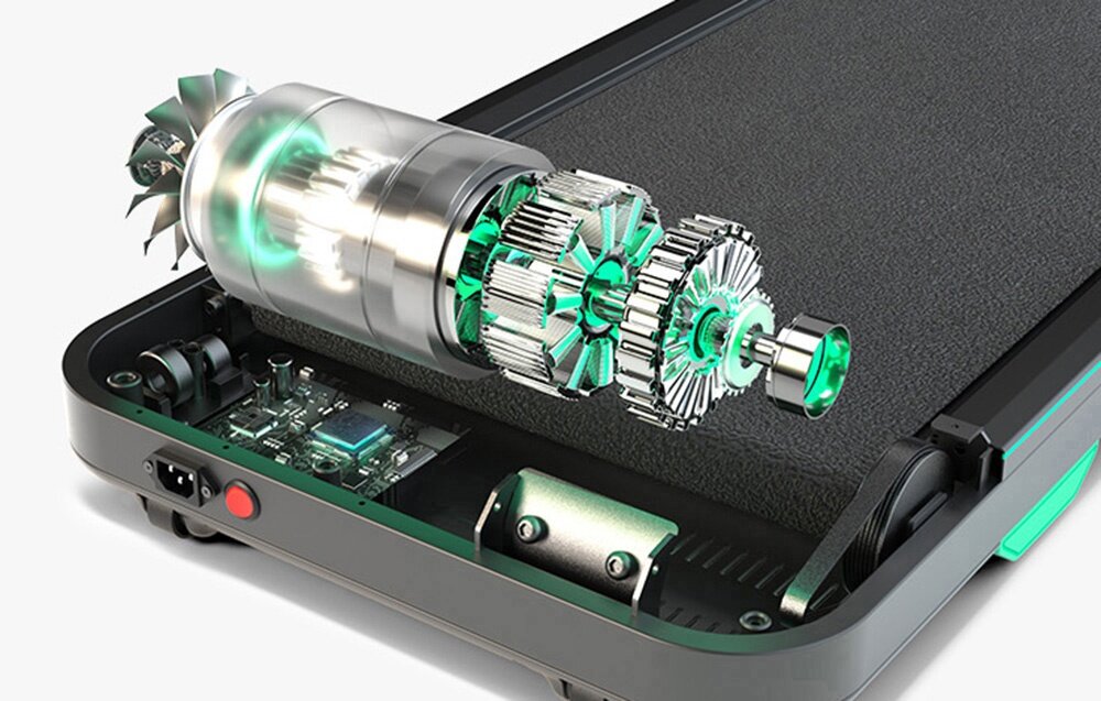 Bieżnia elektryczna UREVO Spacewalk E4 550W 6 km-h jasne tło zbliżenie na silnik mocny silnik 2.5 HP (550 W) równomierna praca płynna regulacja prędkości od 1 do 6 km/h dla osób o maksymalnej wadze do 120 kg