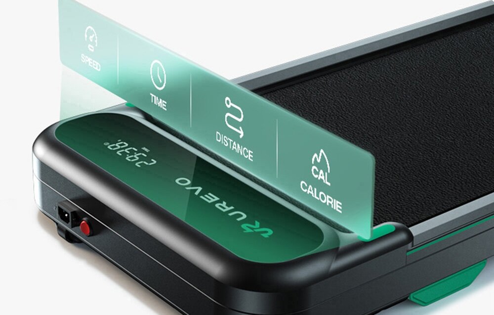 Bieżnia elektryczna UREVO Spacewalk E4 550W 6 km-h jasne tło zbliżenie na wyświetlacz współpracuje z aplikacją UREVO moduł Bluetooth wbudowany panel LED (Light Emitting Diode, dioda emitująca światło) pilot bateria CR2025