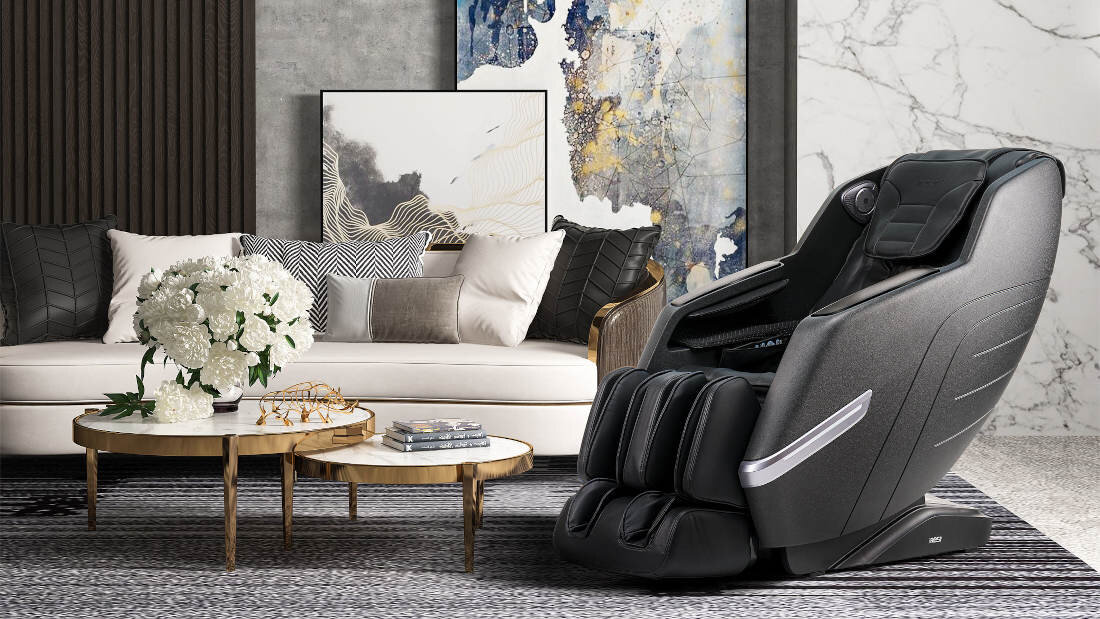 Fotel masujący iREST Chillin+ (A360) Czarny towarzysz relaksu wygląd design prezentacja wizualizacja