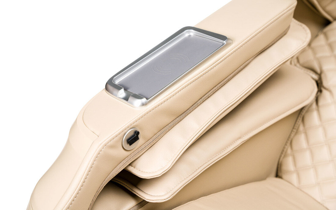 Fotel-masujacy-iREST Supearl PLUS (A336) Beżowy Przydatne dodatki Bluetooth ulubiona muzyka relaks ładowarka indukcyjna oraz port USB-A