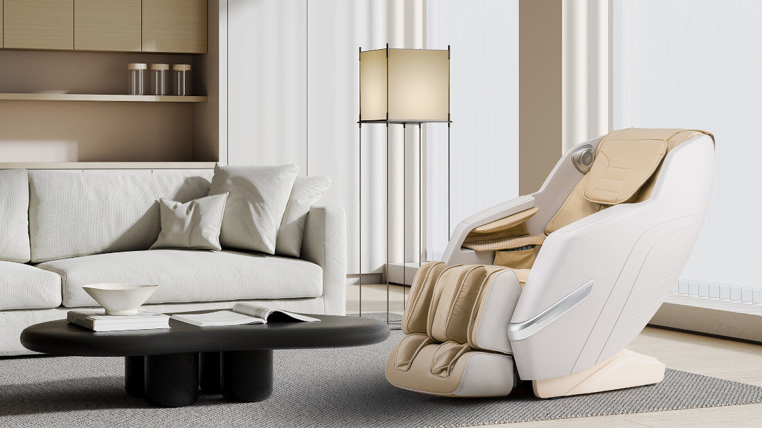 Fotel masujący iREST Chillin+ (A360) Beżowy towarzysz relaksu wygląd design prezentacja wizualizacja