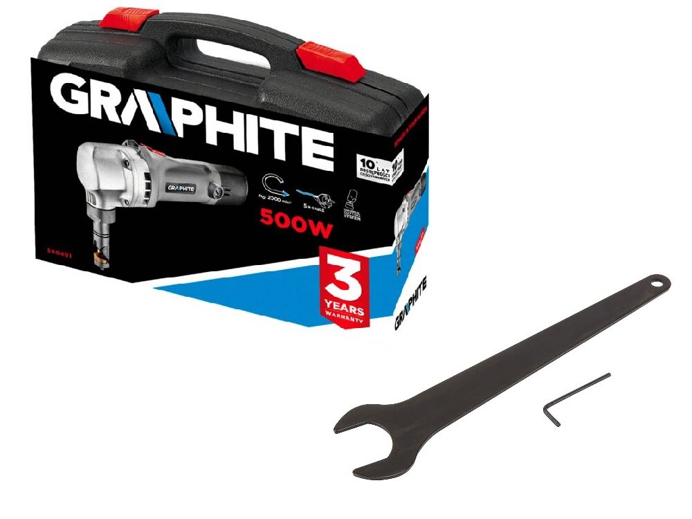 Nożyce elektryczne do blachy GRAPHITE 59G401 w zestawie walizka klucz płaski i sześciokątny stempel matryca instrukcja obsługi w języku polskim karta gwarancyjna