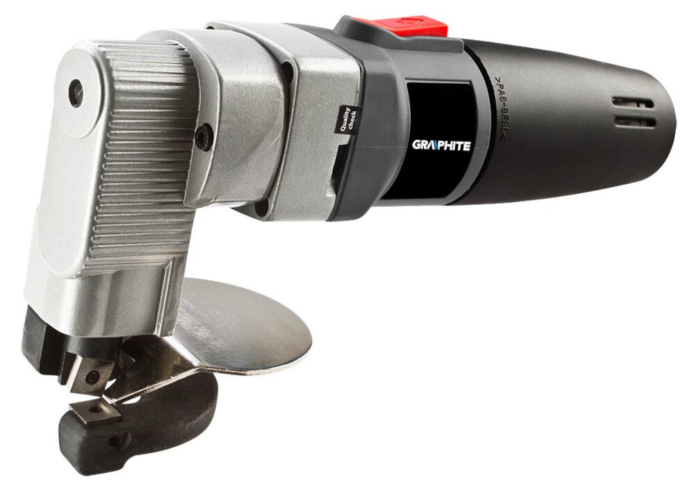 Nożyce elektryczne do blachy GRAPHITE 59G402 wysokiej jakości wykonanie specjalnie dobrane parametry duża wytrzymałość obudowa przekładni z metalu osłonę przeciwwiórową włączenia blokada włącznika