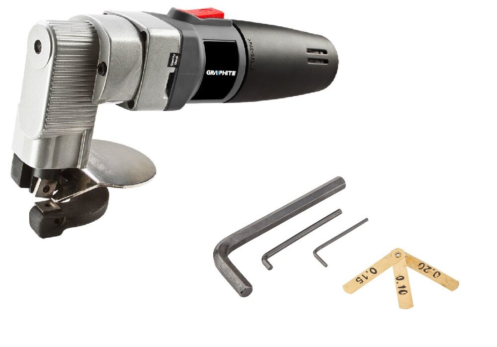 Nożyce elektryczne do blachy GRAPHITE 59G402 noże z czterema krawędziami maksymalna grubość cięcia w aluminium do 3,0 mm w stali miękkiej do 2,5 mm maksymalna ilość cykli noża w ciągu minuty do 1800