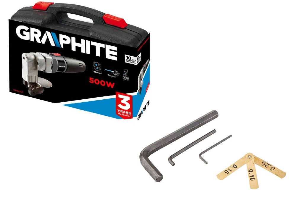 Nożyce elektryczne do blachy GRAPHITE 59G402 w zestawie walizka klucz sześciokątny instrukcja obsługi w języku polskim karta gwarancyjna