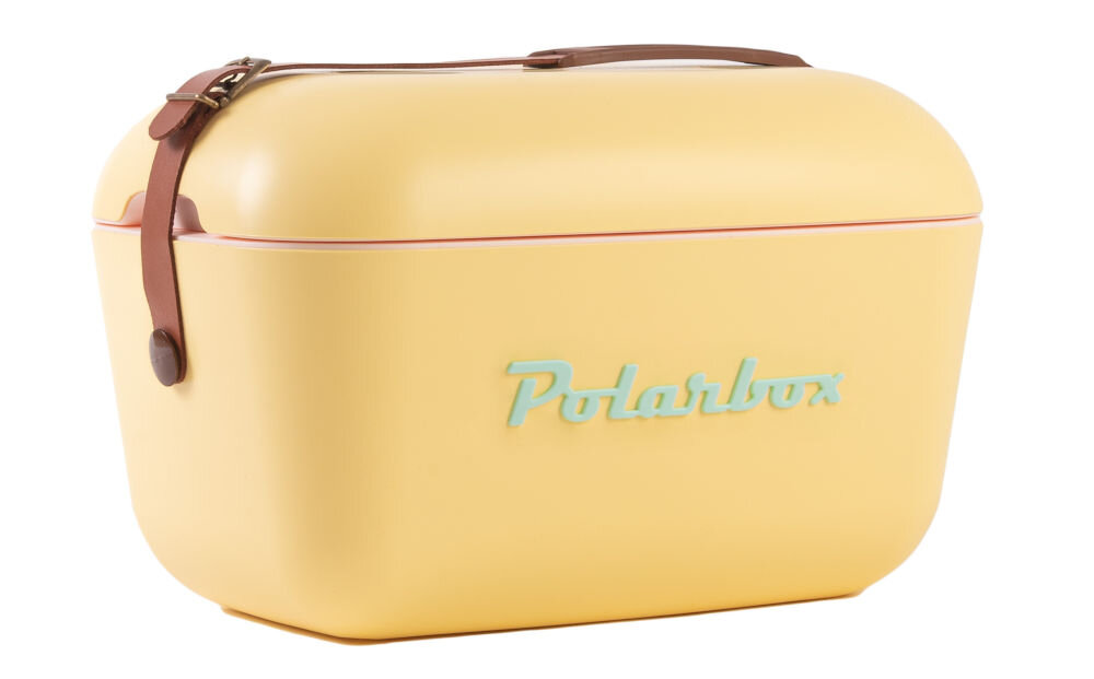 Żółta lodówka turystyczna z brązowym paskiem i napisem \'Polarbox\' na boku.