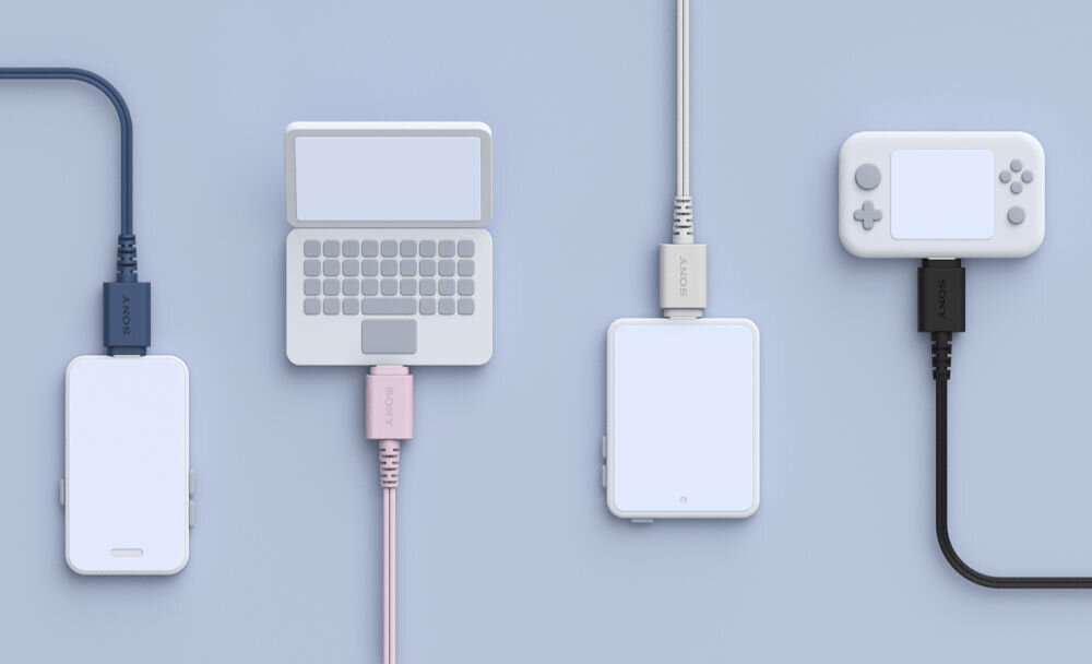 Słuchawki dokanałowe SONY IER-EX15C różne kolory słuchawek podłączone do smartfona laptopa tableta konsoli