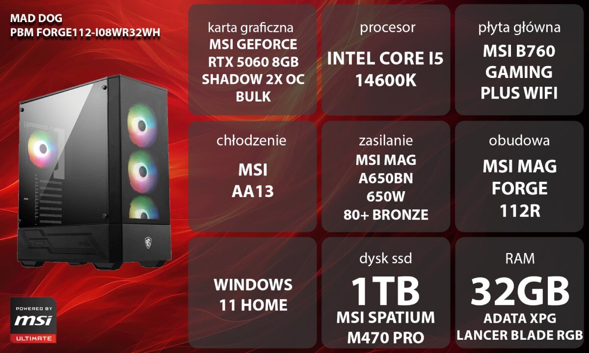 Komputer MAD DOG Powered by MSI FORGE112-I08WR32WH Grafika przedstawiająca specyfikację komputera, z podziałem na podzespoły. W lewej części znajduje się model komputera, a obok niego informacje o podzespołach, opis, opis