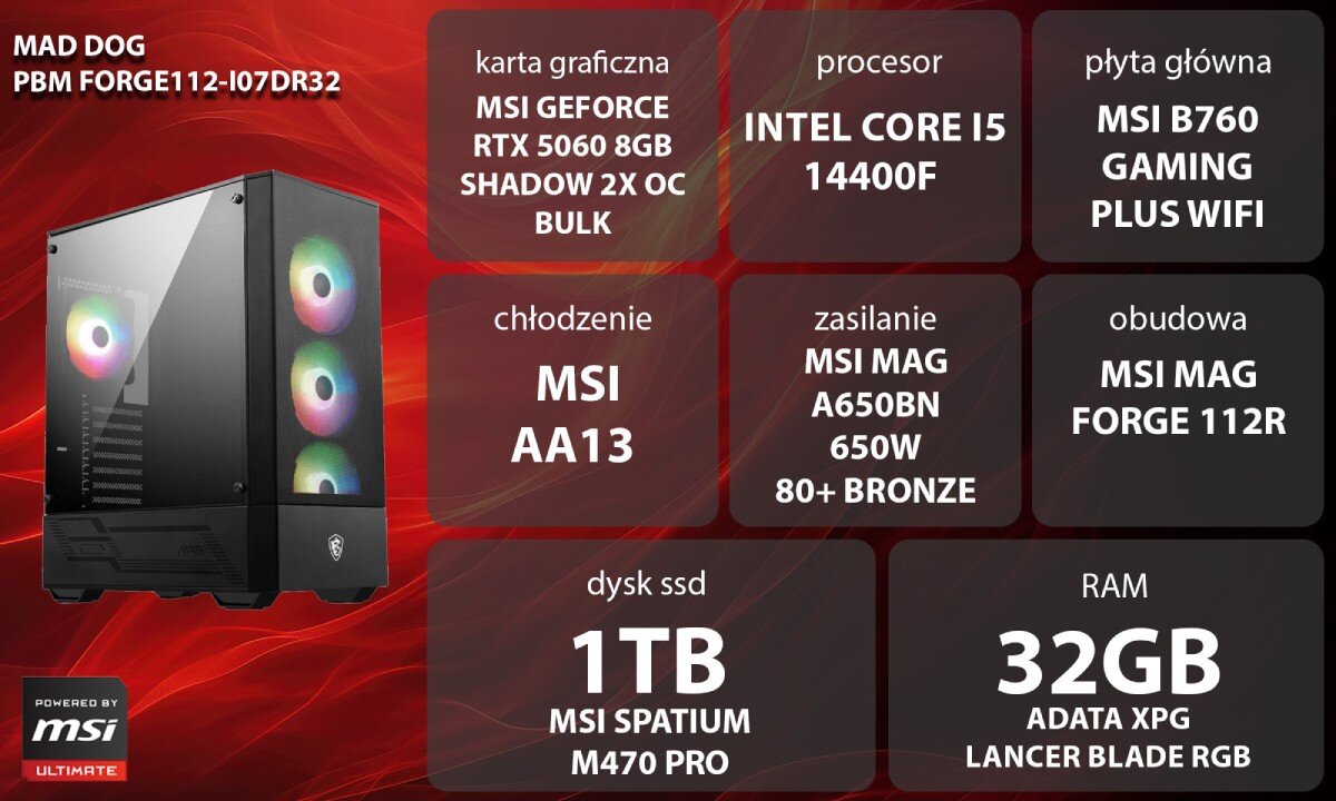 Komputer MAD DOG Powered by MSI FORGE112-I07DR32 Grafika przedstawiająca specyfikację komputera, z podziałem na podzespoły. W lewej części znajduje się model komputera, a obok niego informacje o podzespołach, opis, opis